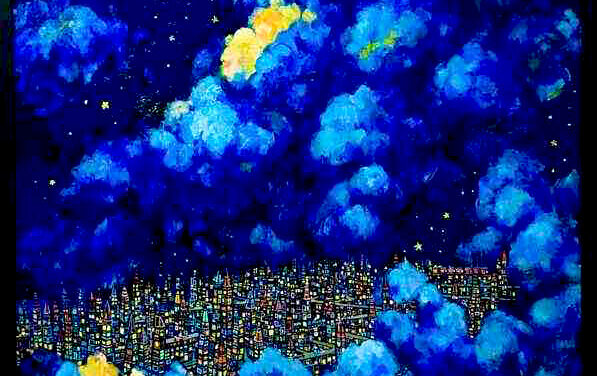 油彩画 | 夜空のまち